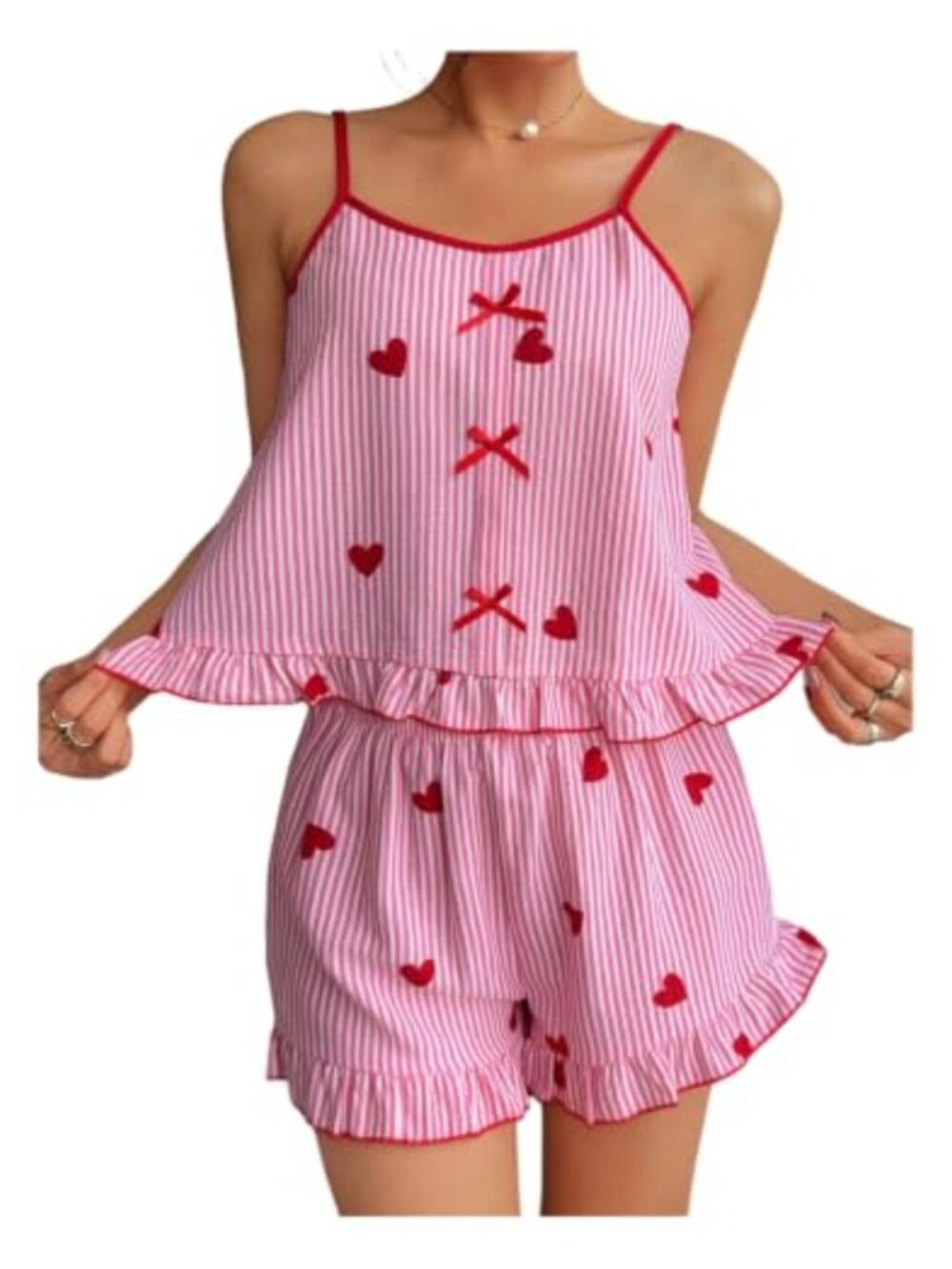 Women's Striped Pajama Set Heart Print Bow Ruffle Camisole Shorts Sleepwear
